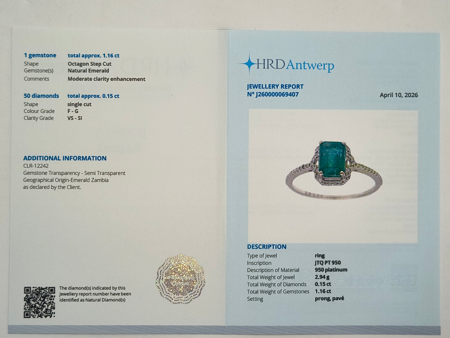 1.31 Ct Octagon Step Cut Natural Emerald 950 Platinum Ring