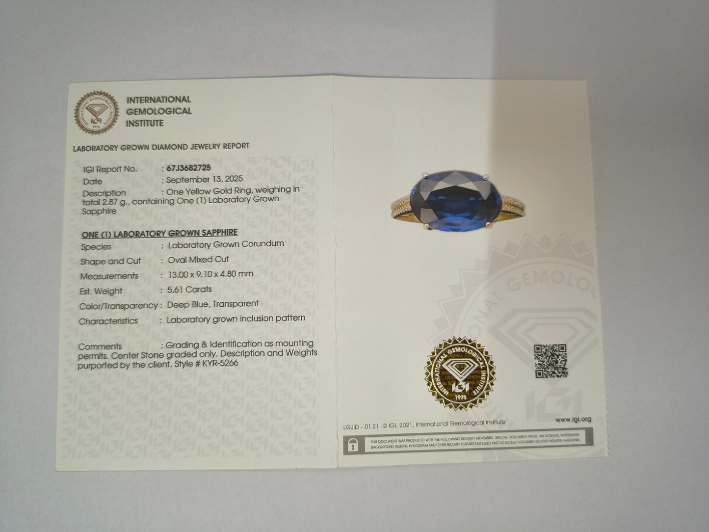 5.73 Ct Oval Mixed Cut Lab Grown Sapphire 14K Gold Ring