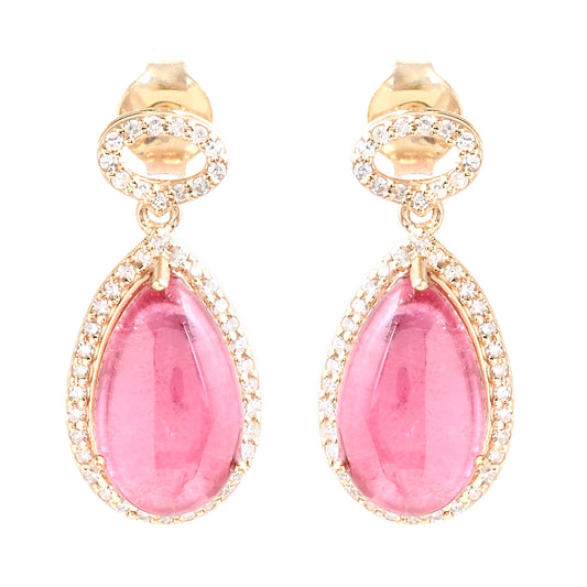 6.60 Ct Pear Cabochon Natural Tourmaline 14K Gold Earrings