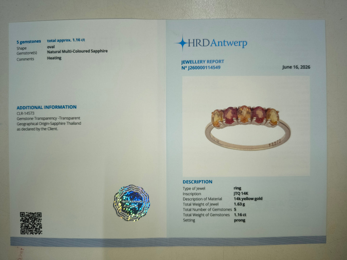 1.16 Ct Oval Natural Multi-Coloured Sapphire 14K Gold Ring