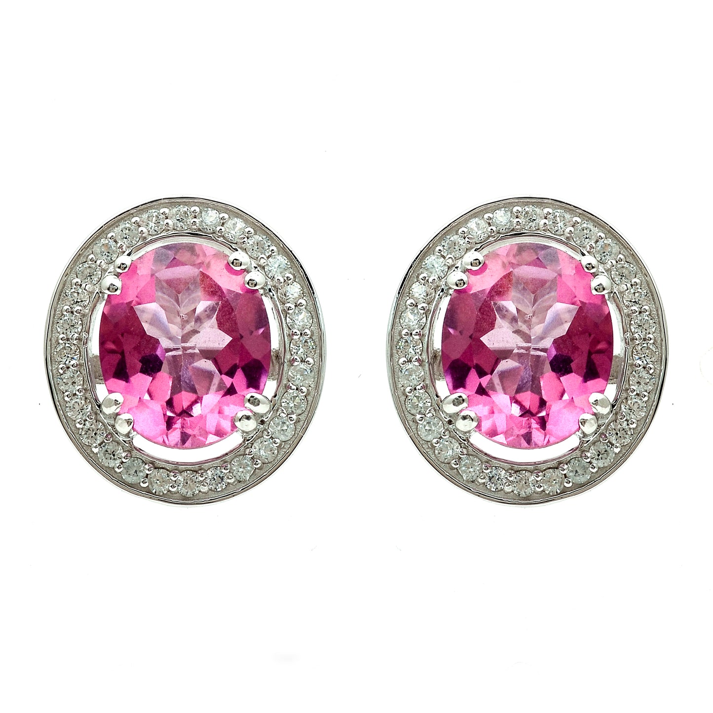 13.23 Ct Oval Pink Topaz, White Zircon 925 Sterling Silver Earrings
