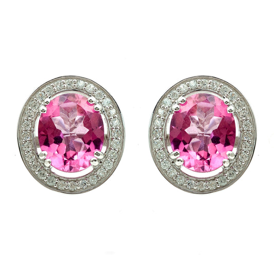 13.23 Ct Oval Pink Topaz, White Zircon 925 Sterling Silver Earrings