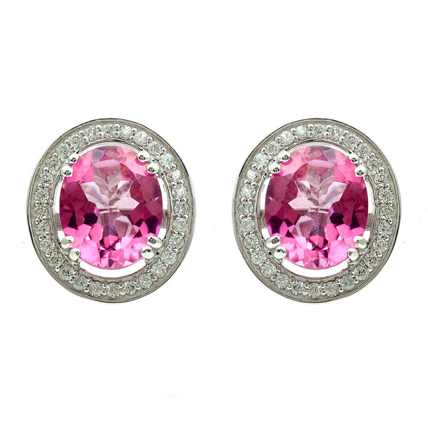 13.23 Ct Oval Pink Topaz, White Zircon 925 Sterling Silver Earrings