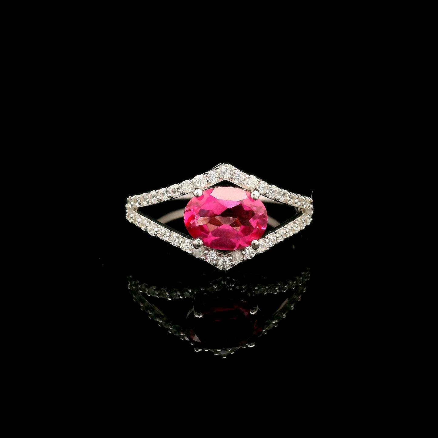 1.82 Ct Oval Pink Topaz, White Zircon 925 Sterling Silver Ring