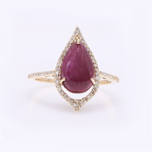4.05 Ct Pear Cabochon Natural Ruby 14K Gold Ring