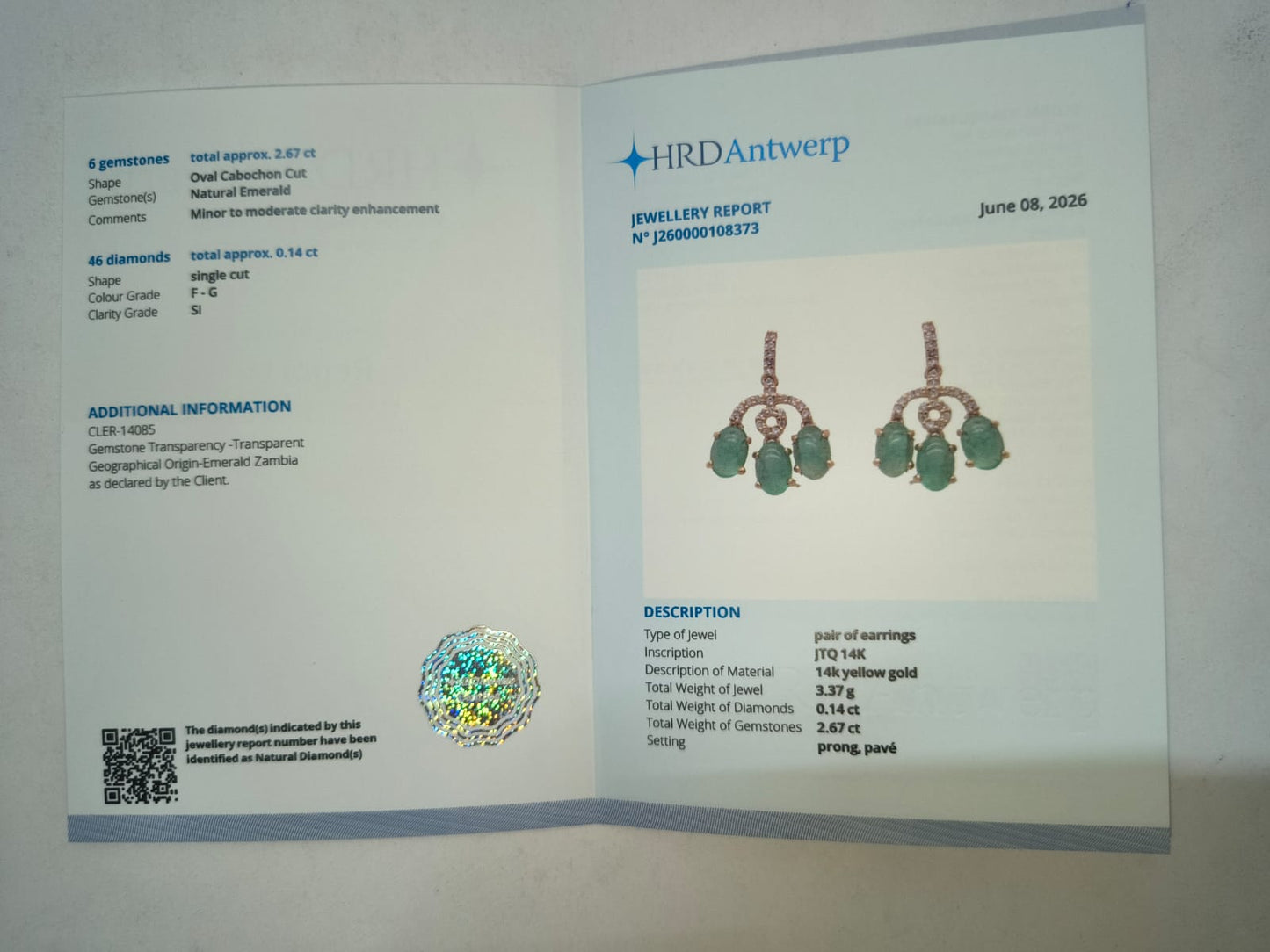 2.81 Ct Oval Cabochon Cut Natural Emerald 14K Gold Earrings