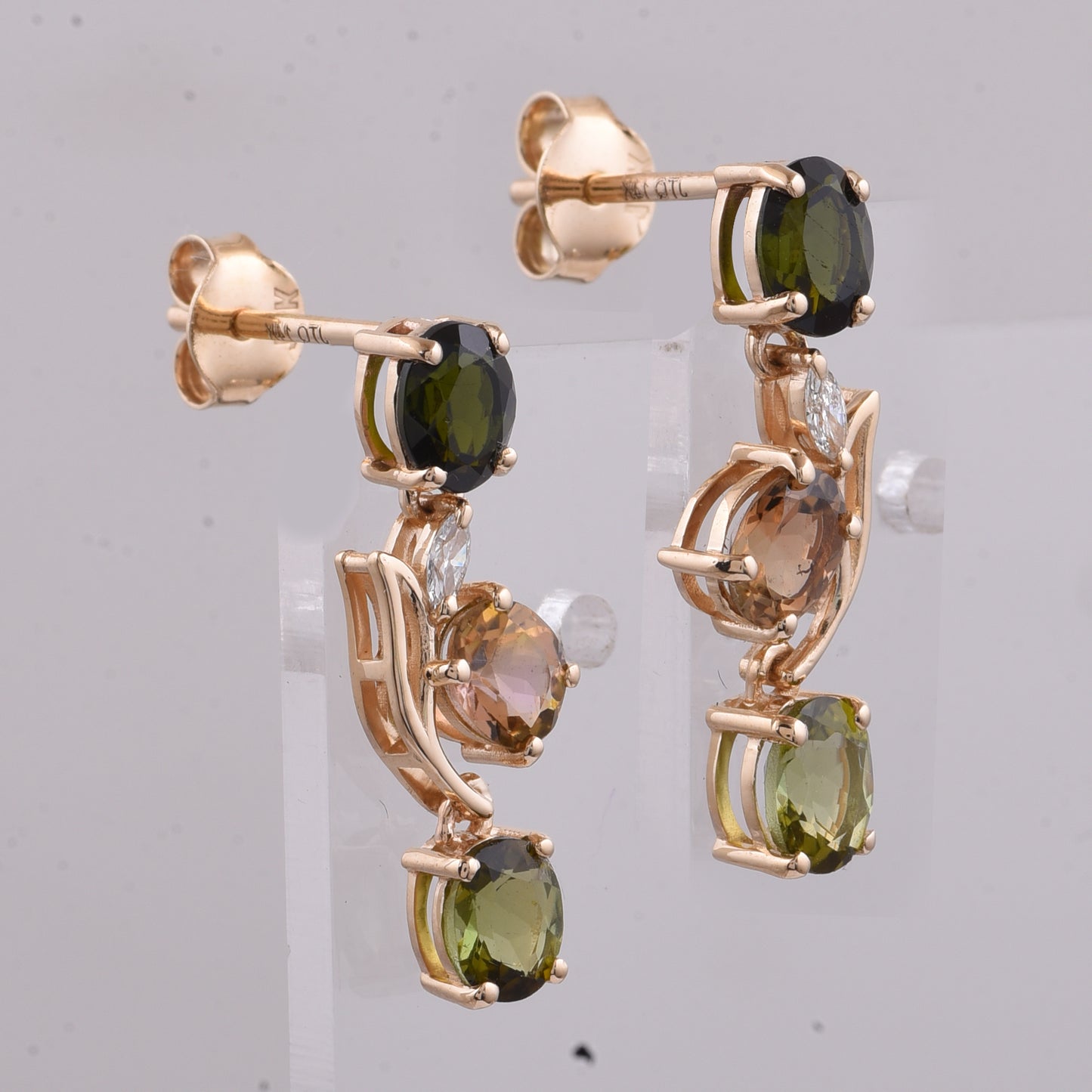 2.23 Ct Oval Natural Multi-Coloured Tourmaline 14K Gold Earrings