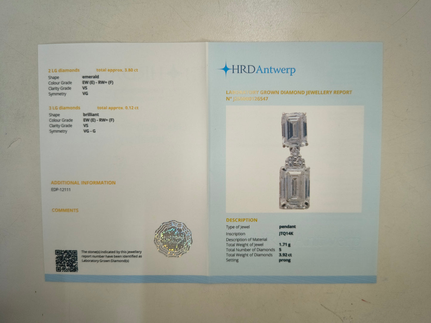 3.92 Carats Lab Grown Diamond 14K Gold Pendant