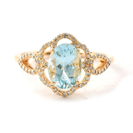 1.55 Ct Oval Mixed Cut Natural Aquamarine 14K Gold Ring