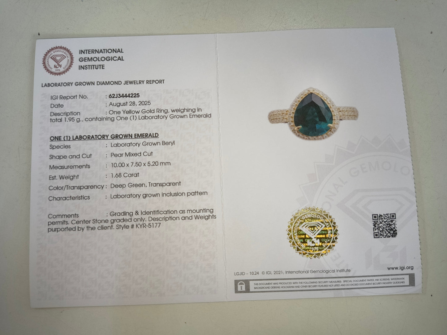 1.88 Ct Pear Mixed Cut Lab Grown Emerald 14K Gold Ring