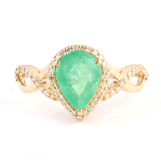 1.40 Ct Pear Mixed Cut Natural Beryl Emerald 14K Gold Ring