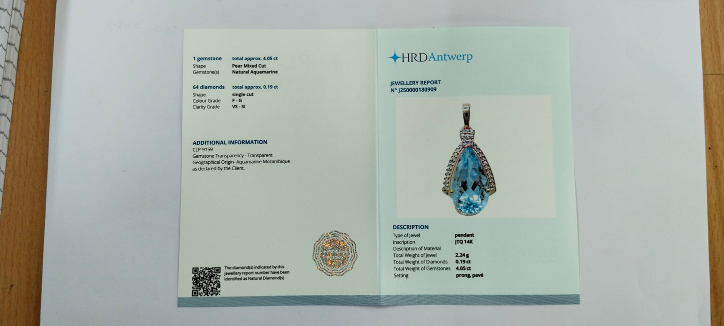 4.24 Ct Pear Mixed Cut Natural Aquamarine 14K Gold Pendant