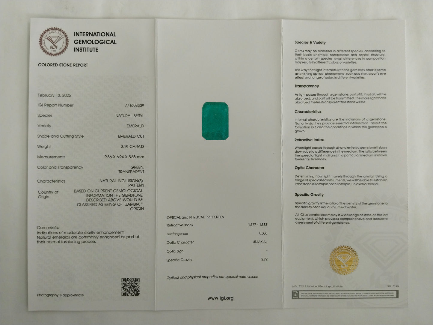 3.19 Natural Beryl Emerald Emerald Cut Gemstone