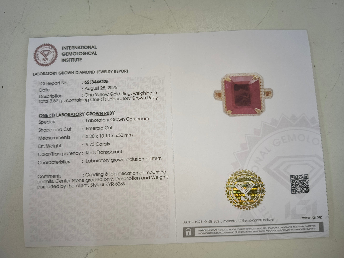 9.96 Ct Emerald Cut Lab Grown Ruby 14K Gold Ring