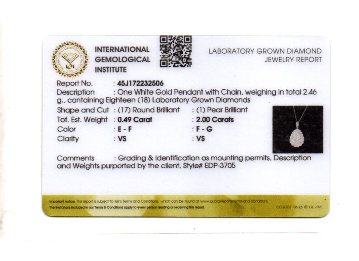 2.49 Carats Lab Grown Diamond 14K Gold Pendant