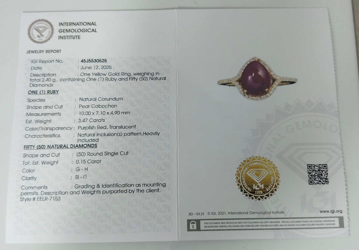 3.62 Ct Pear Cabochon Natural Corundum Ruby 14K Gold Ring