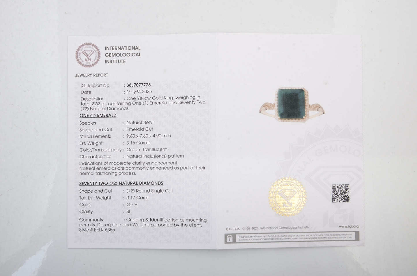3.33 Ct Emerald Cut Natural Beryl Emerald 14K Gold Ring
