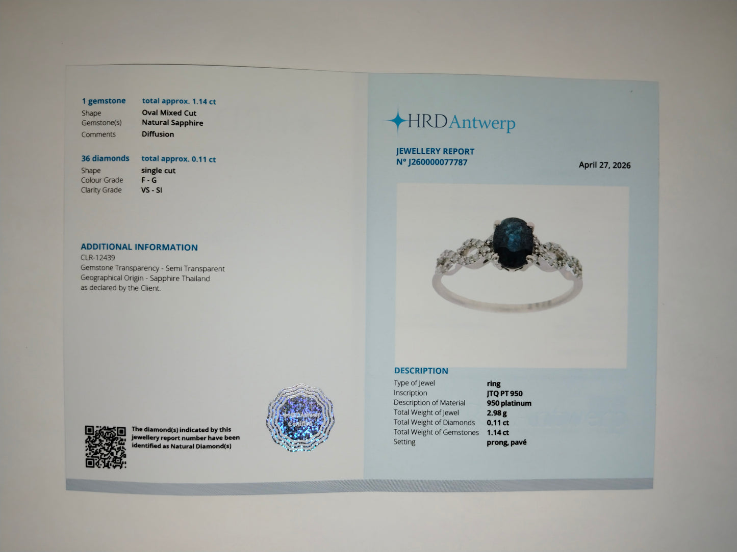 1.25 Ct Oval Mixed Cut Natural Sapphire 950 Platinum Ring