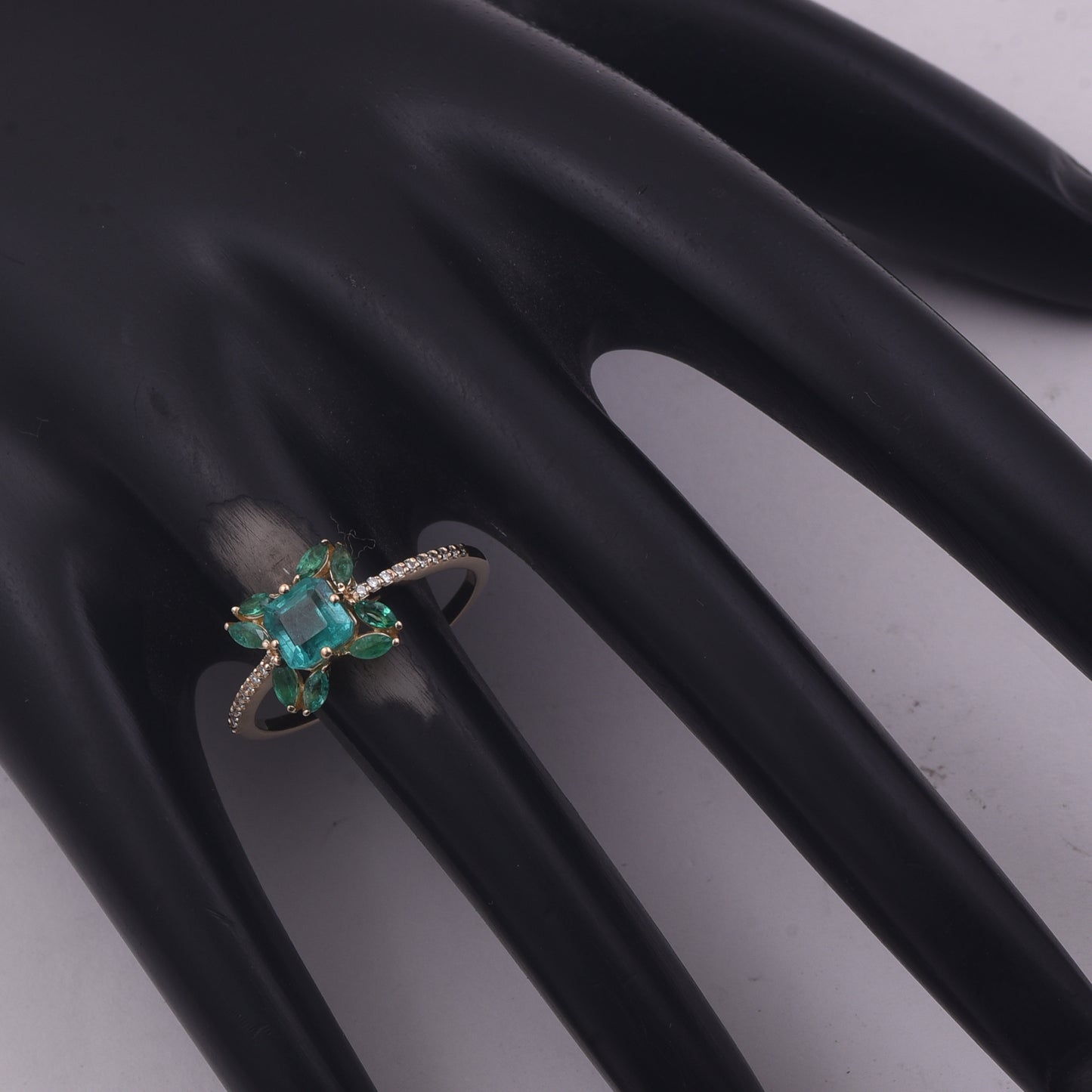 0.96 Ct Octagon Step Cut, Marquise Mixed Cut Natural Emerald 14K Gold Ring
