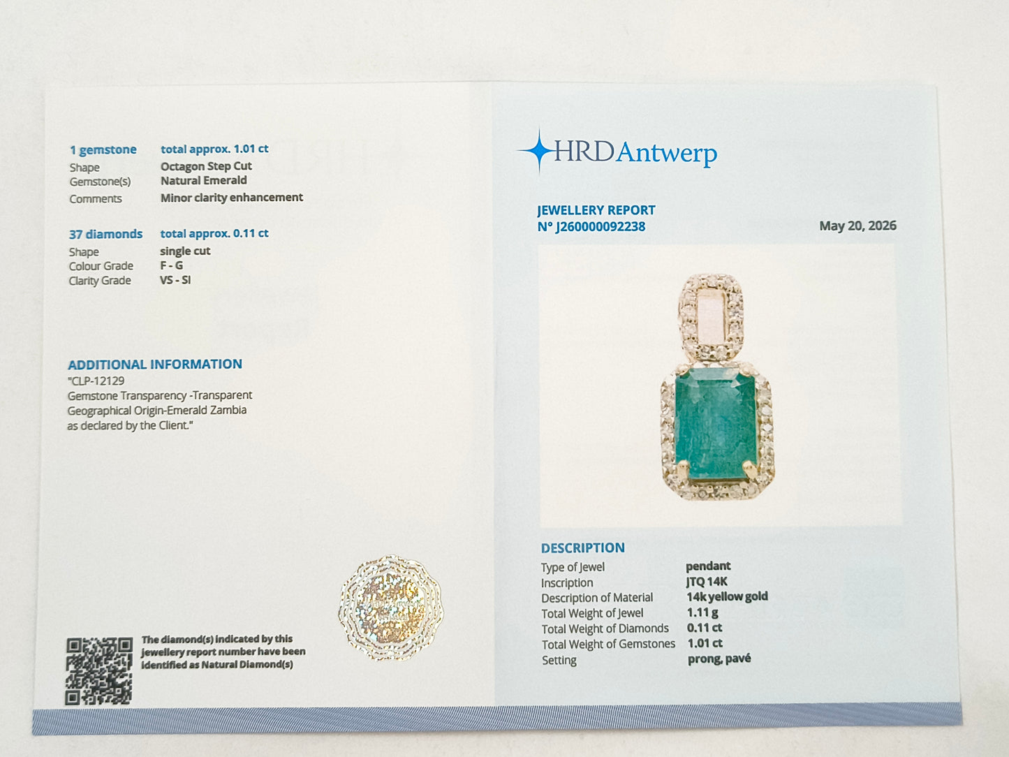 1.12 Ct Octagon Emerald 14K Gold Pendant