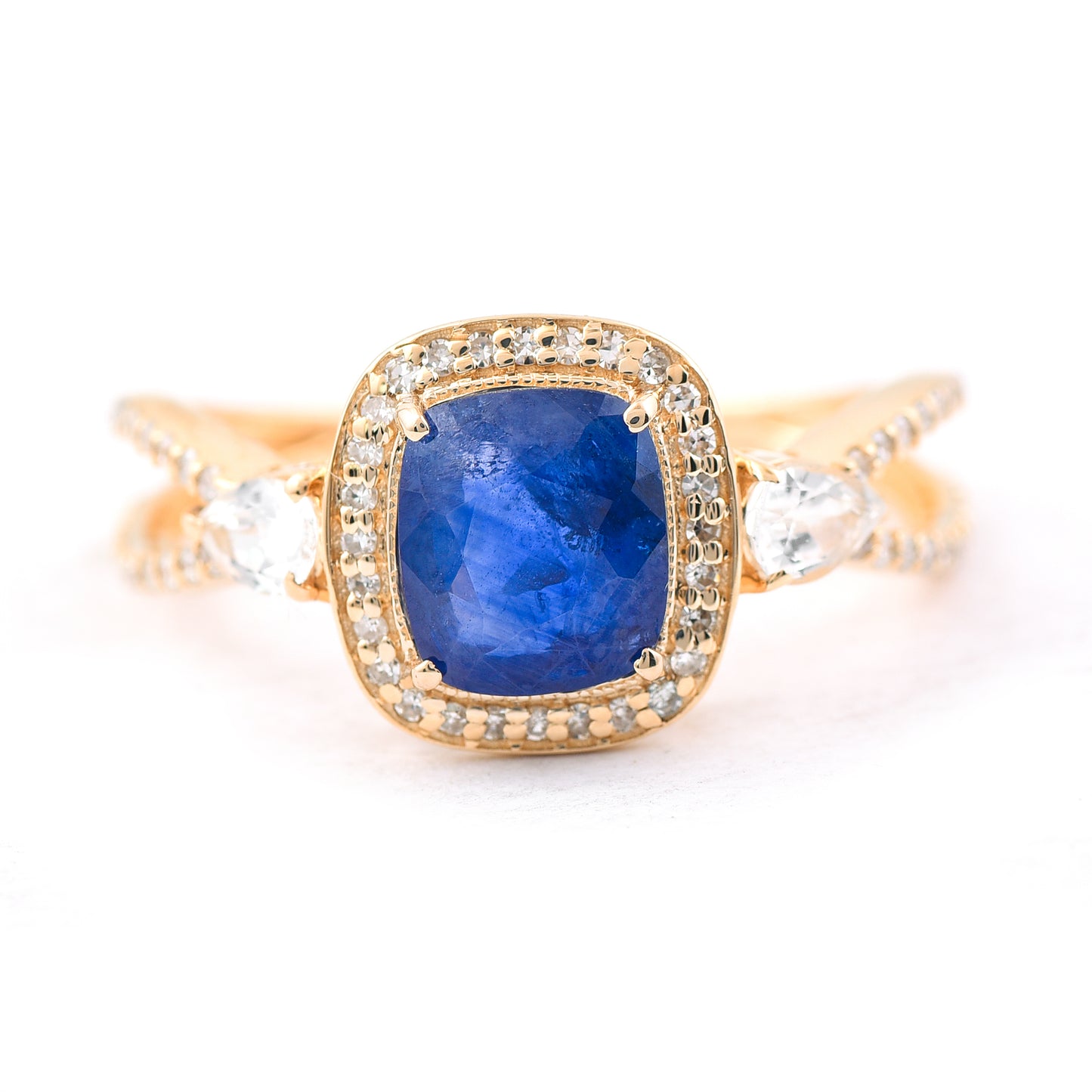 2.07 Ct Cushion Mixed Cut Natural Sapphire 14K Gold Ring