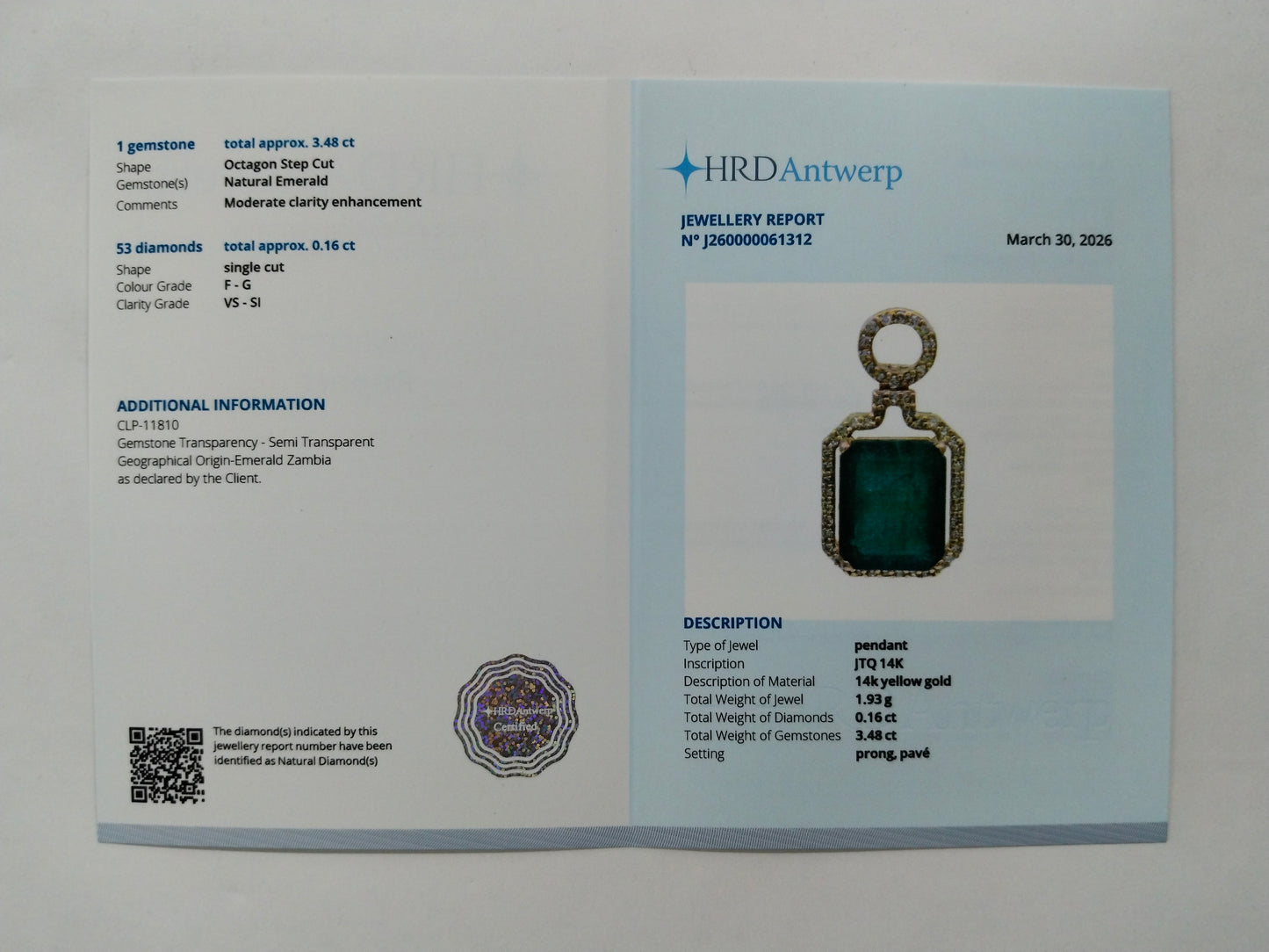 3.64 Ct Octagon Step Cut Natural Emerald 14K Gold Pendant