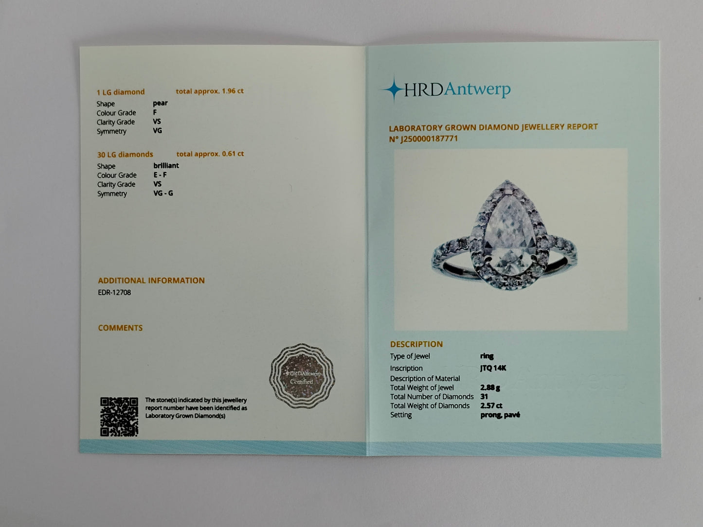 2.57 Carats Lab Grown Diamond 14K Gold Ring