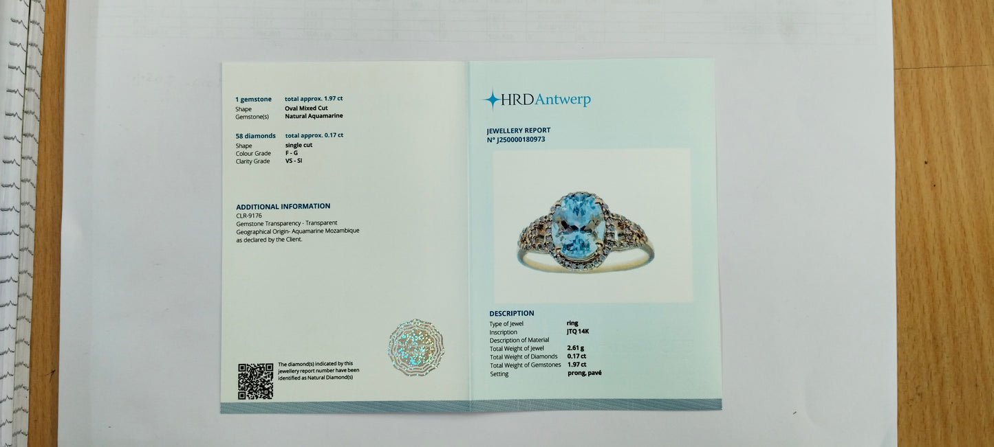 2.14 Ct Oval Mixed Cut Natural Aquamarine 14K Gold Ring