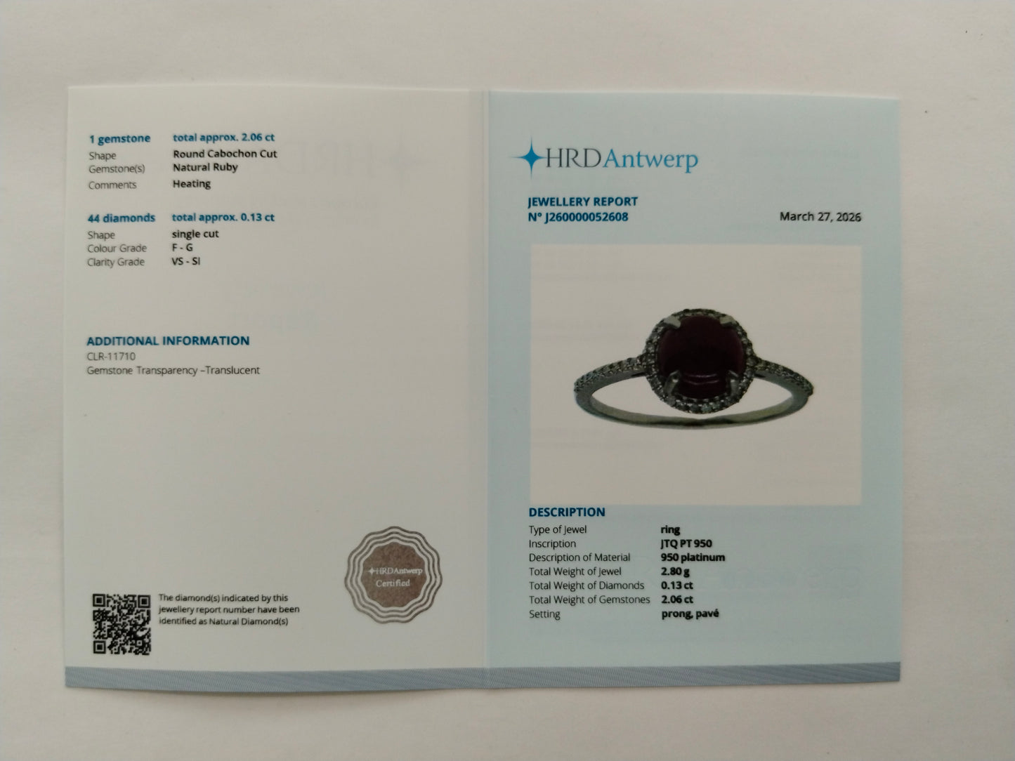 2.19 Ct Round Cabochon Cut Natural Ruby 950 Platinum Ring