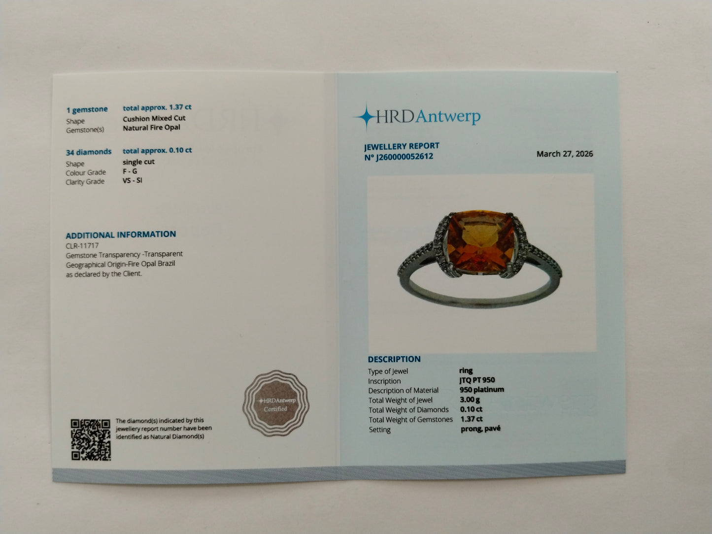 1.47 Ct Cushion Mixed Cut Natural Fire Opal 950 Platinum Ring