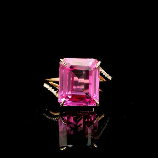 8.33 Ct Emerald Cut Lab Grown Pink Sapphire 14K Gold Ring