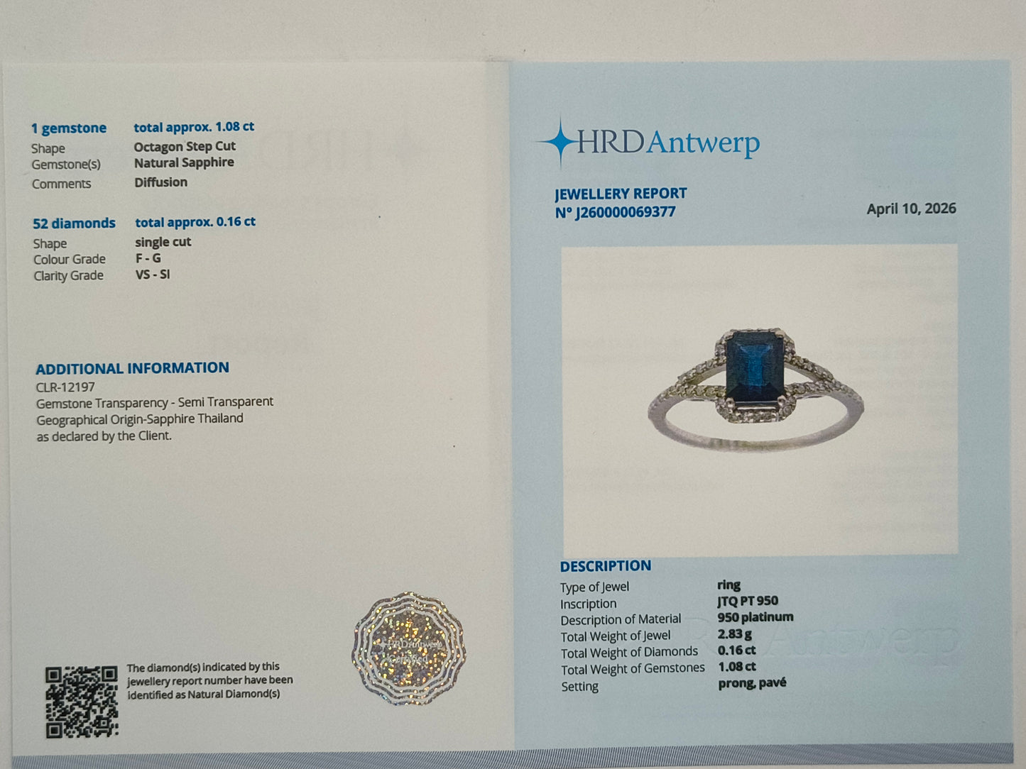 1.24 Ct Octagon Step Cut Natural Sapphire 950 Platinum Ring