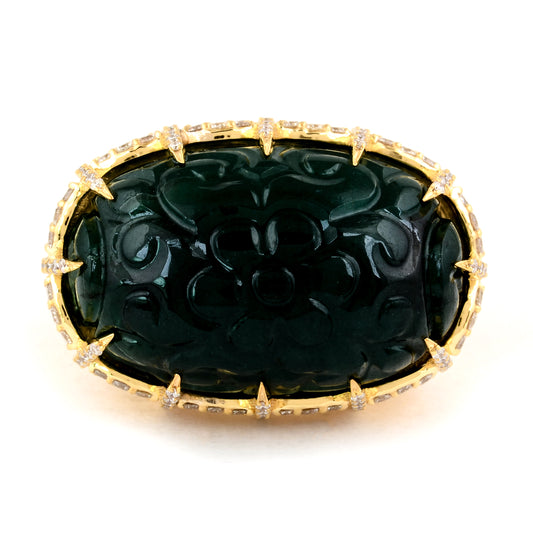 25.55 Ct Oval Natural Beryl Emerald 14K Gold Cluster Ring