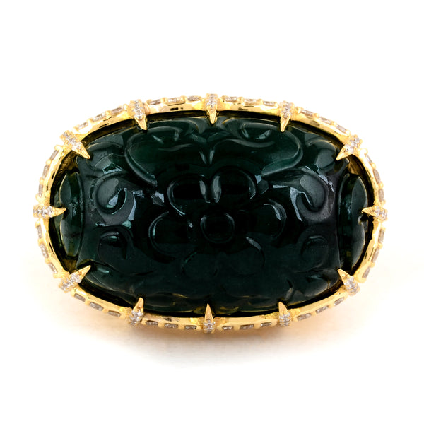 25.55 Ct Oval Natural Beryl Emerald 14K Gold Cluster Ring