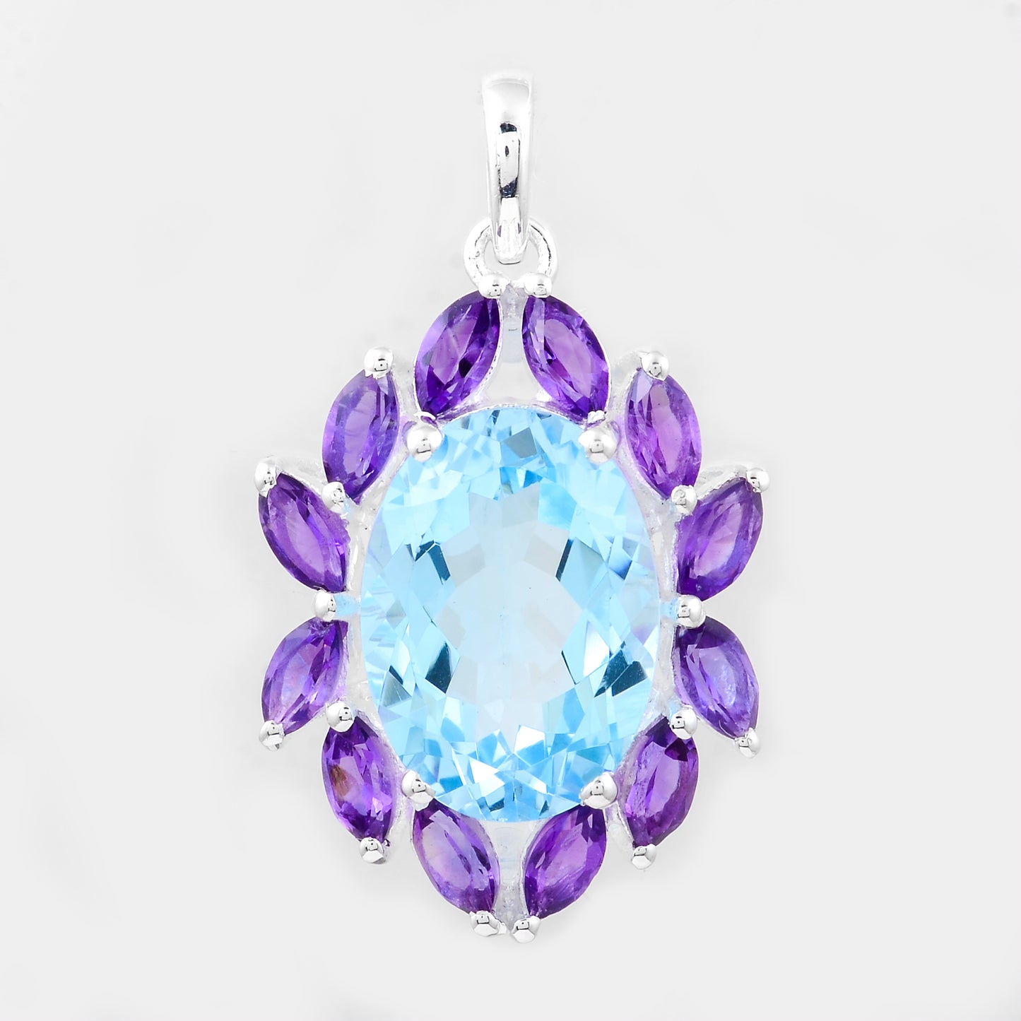 8.79 Ct Oval Blue Topaz, Amethyst, 925 Sterling Silver Pendant