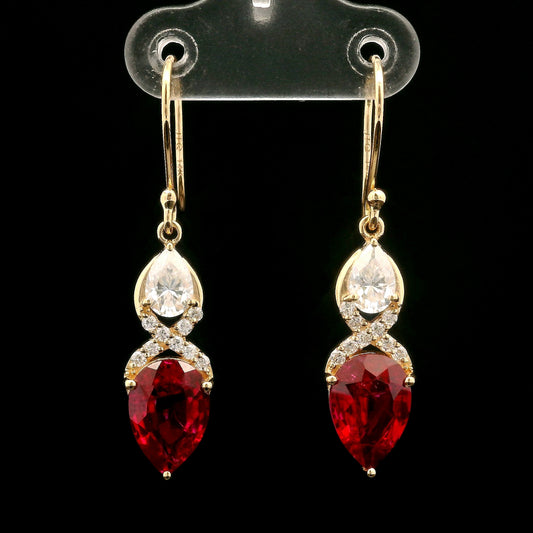 5.41 Ct Pear Mixed Cut Lab Grown Ruby 14K Gold Earrings