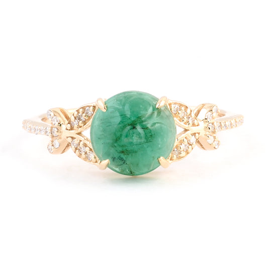 2.23 Ct Round Carving Natural Beryl Emerald 14K Gold Ring