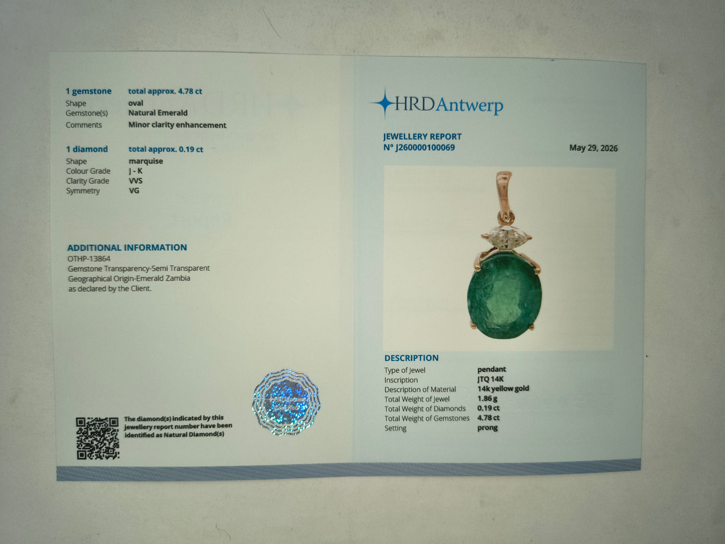 4.97 Ct Oval Mixed Cut Natural Emerald 14K Gold Pendant