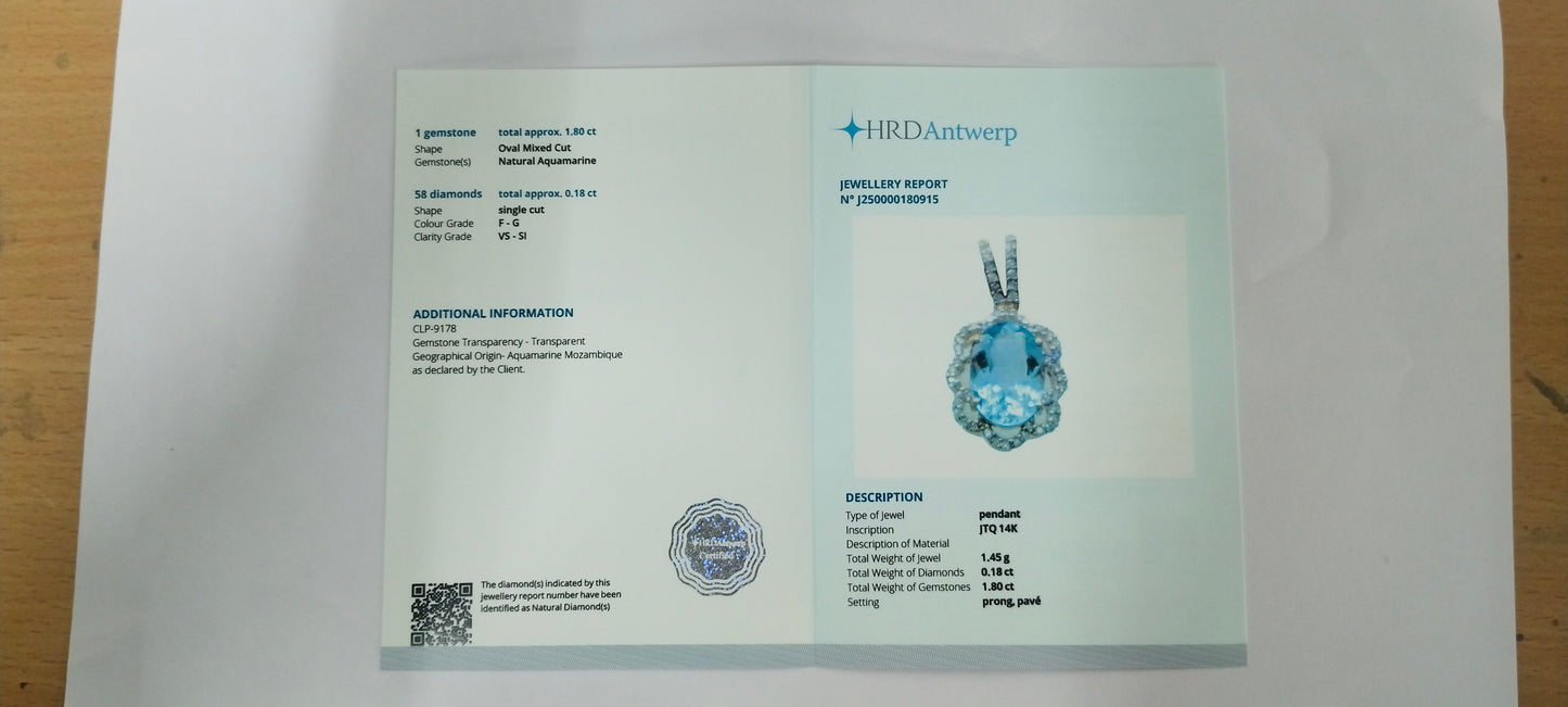 1.98 Ct Oval Mixed Cut Natural Aquamarine 14K Gold Pendant