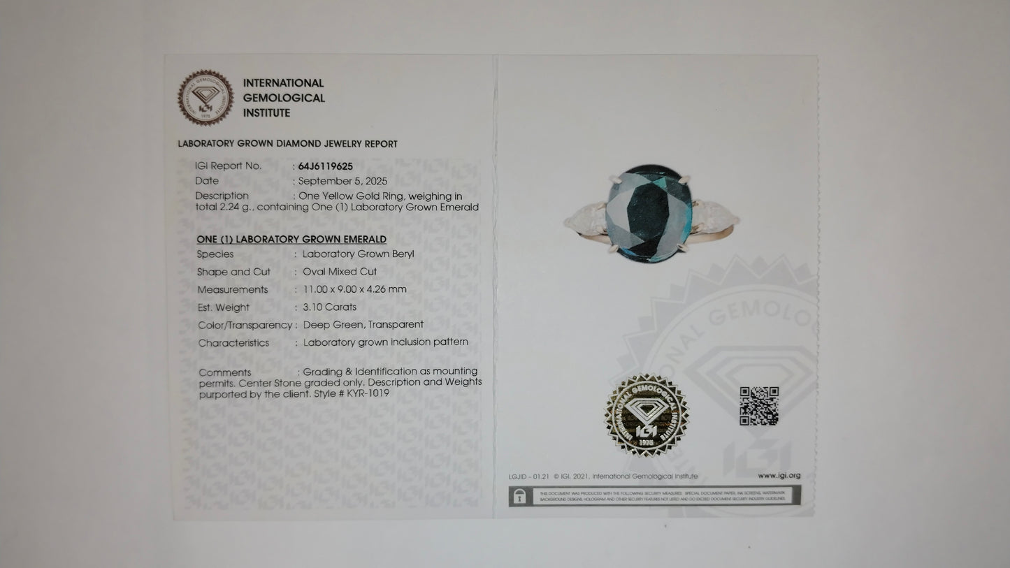 3.85 Ct Oval Mixed Cut Lab Grown Emerald 14K Gold Ring
