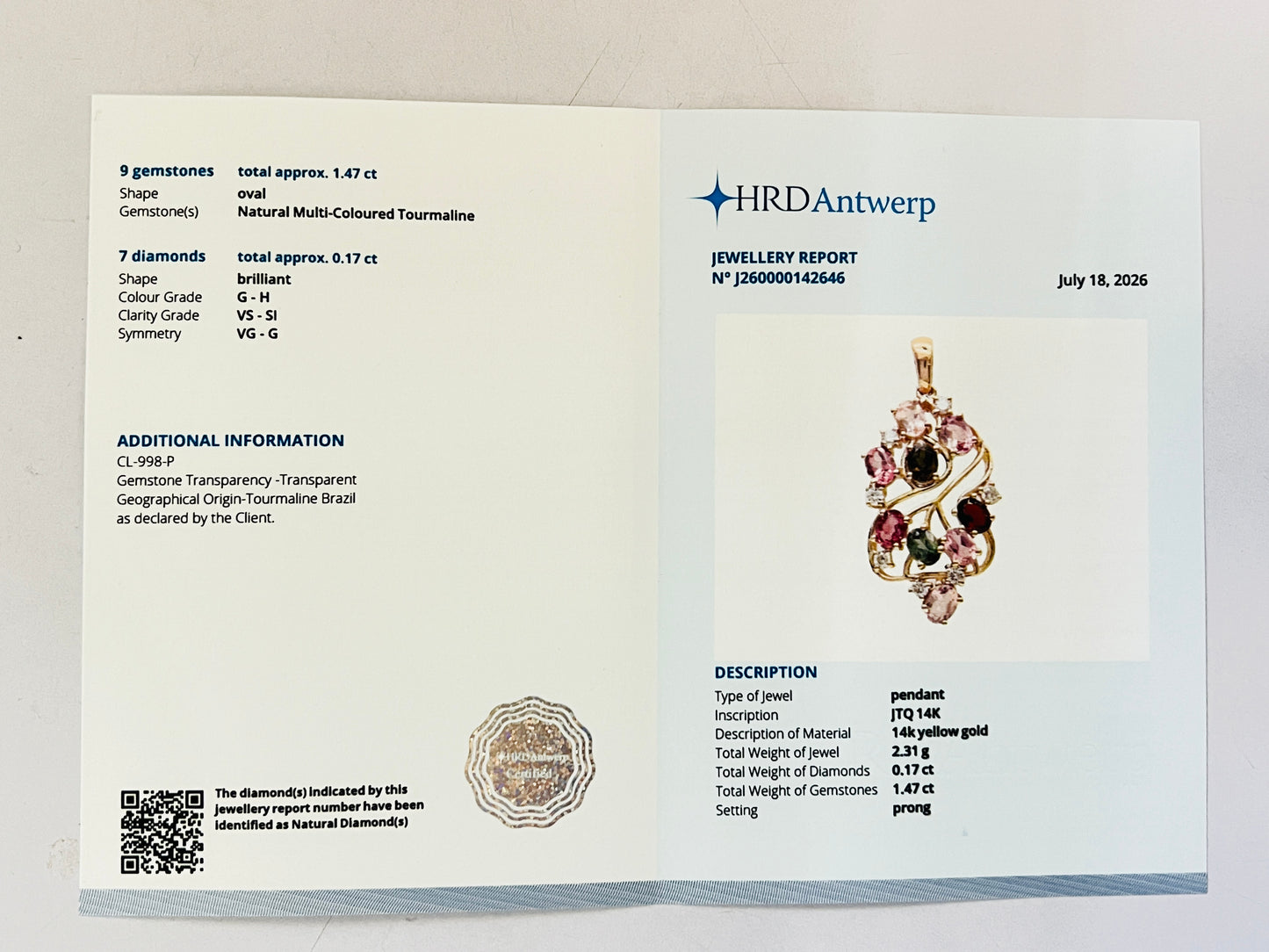1.64 Ct Oval Natural Multi-Coloured Tourmaline 14K Gold Pendant