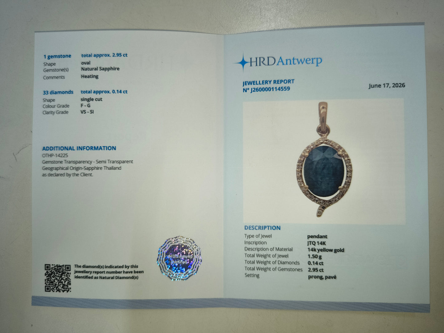 3.09 Ct Oval Natural Sapphire 14K Gold Pendant