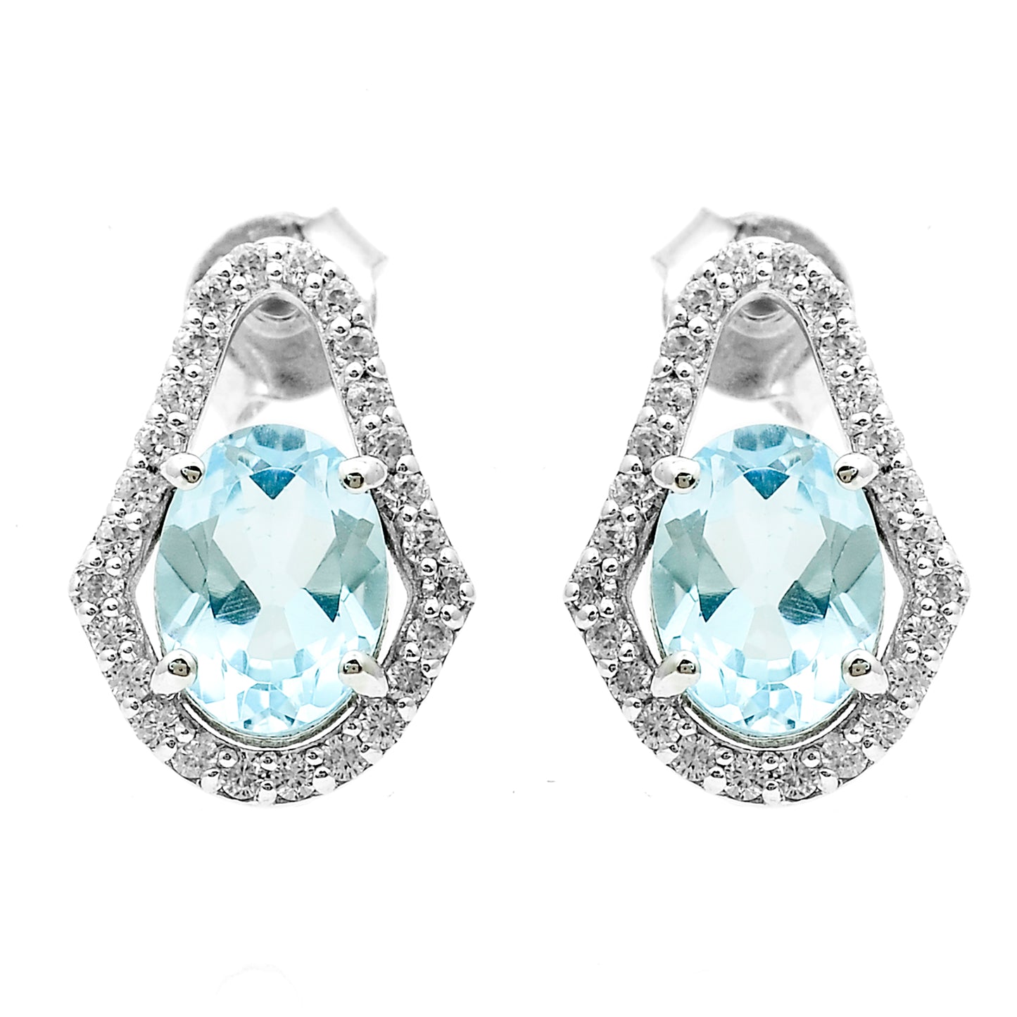 3.44 Ct Oval Blue Topaz, White Zircon 925 Sterling Silver Earrings