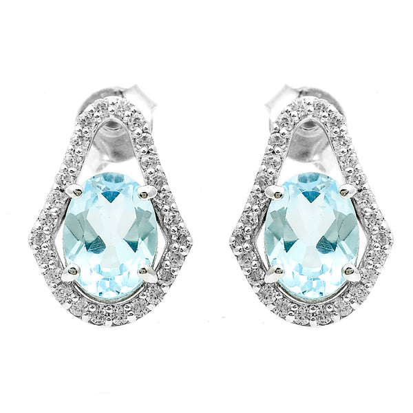 3.44 Ct Oval Blue Topaz, White Zircon 925 Sterling Silver Earrings