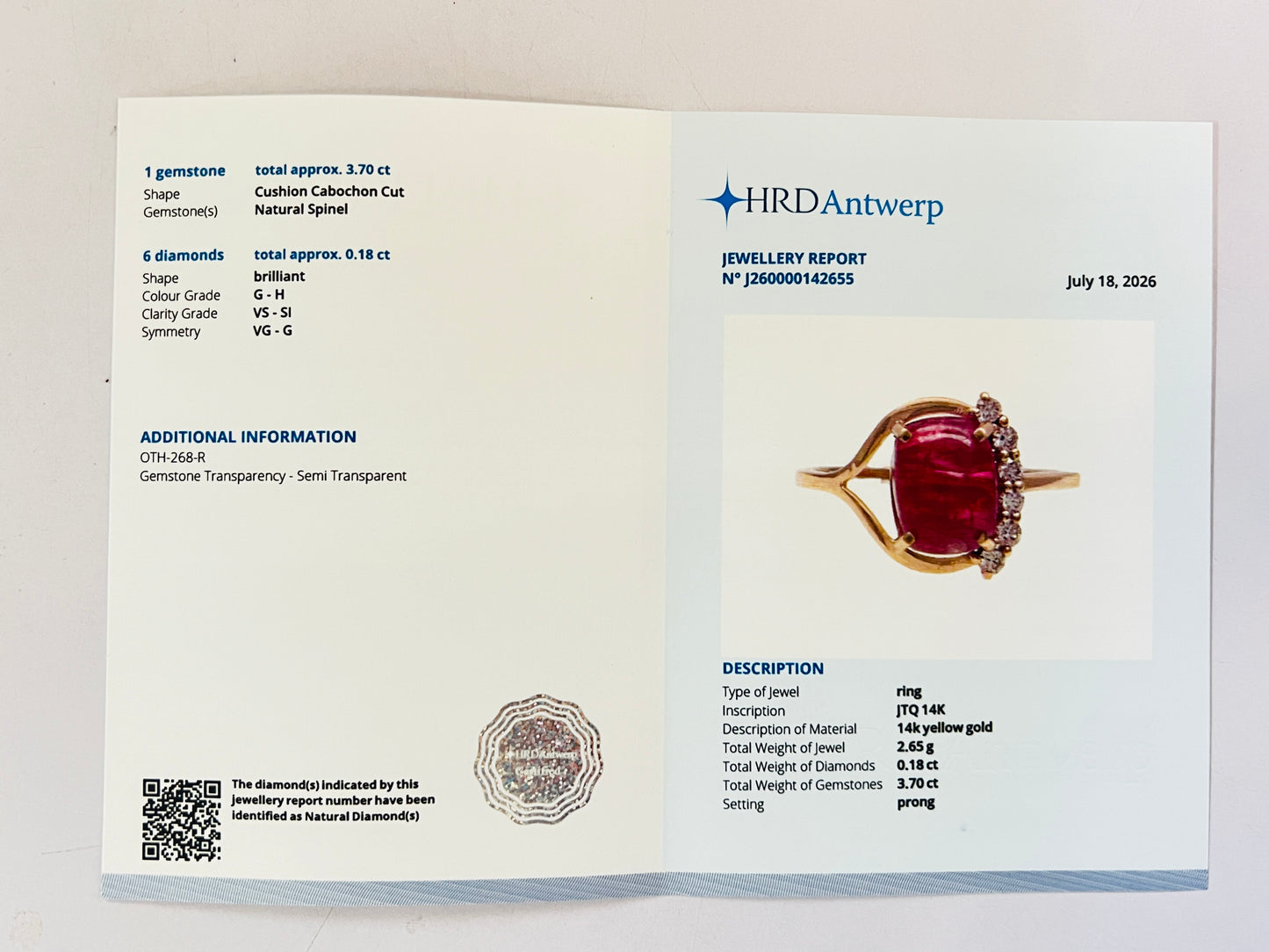 3.88 Ct Cushion Cabochon Cut Natural Spinel 14K Gold Ring