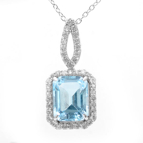 3.70 Ct Octagon Blue Topaz, White Zircon 925 Sterling Silver Pendant