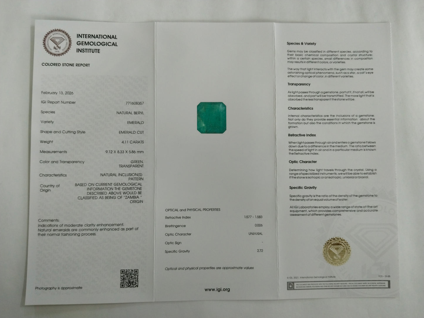 4.11 Natural Beryl Emerald Emerald Cut Gemstone