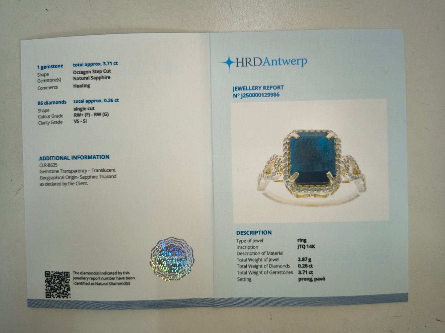 3.97 Ct Octagon Natural Sapphire 14K Gold Ring