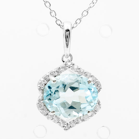 3.51 Ct Oval Blue Topaz, White Zircon 925 Sterling Silver Pendant