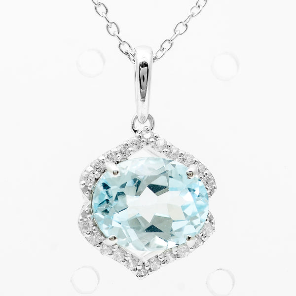 3.51 Ct Oval Blue Topaz, White Zircon 925 Sterling Silver Pendant